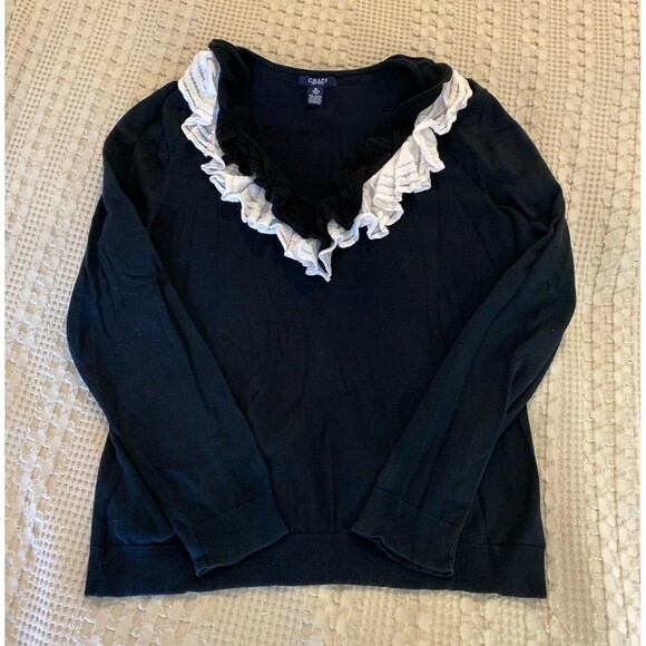 Chaps Women’s Lightweight Sweater Top Plus Size XL Navy Blue V Neck Lace Ruffle - Picture 8 of 10